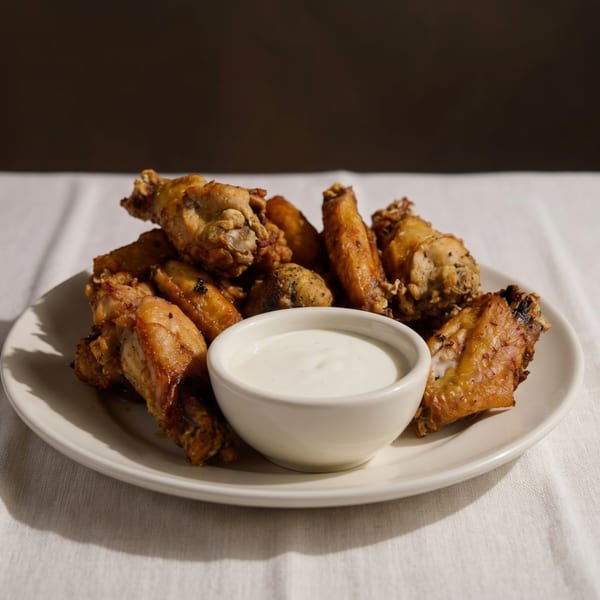 Crispy fried chicken wings and drumettes with a side of ranch dressing on a white plate.