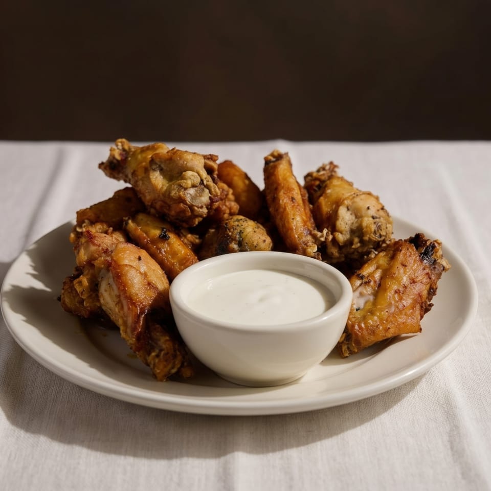 Crispy fried chicken wings and drumettes with a side of ranch dressing on a white plate.