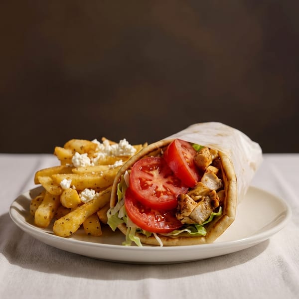 Chicken gyro with sliced tomatoes and lettuce, served with feta-topped fries on a white plate.
