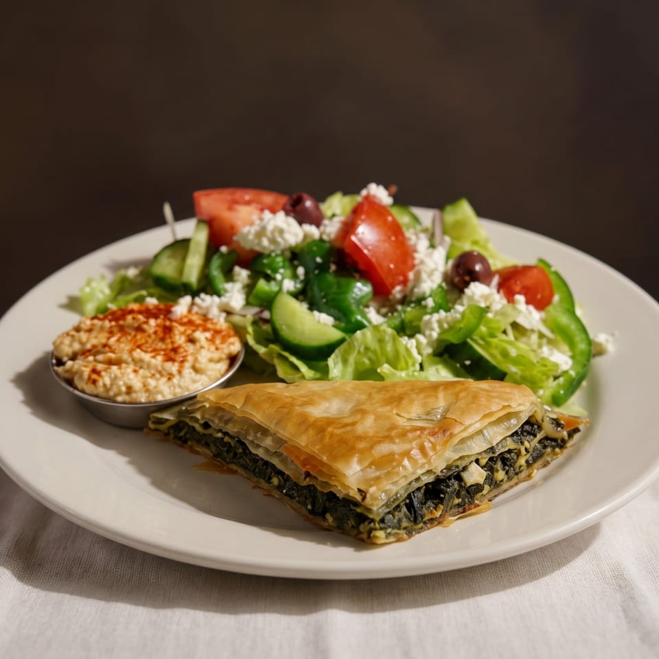 A plate with a slice of spanakopita, a side salad with feta, and a small dish of hummus.