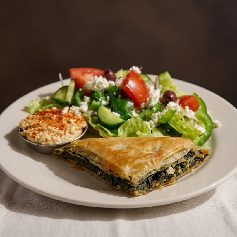 A plate with a slice of spanakopita, a side salad with feta, and a small dish of hummus.
