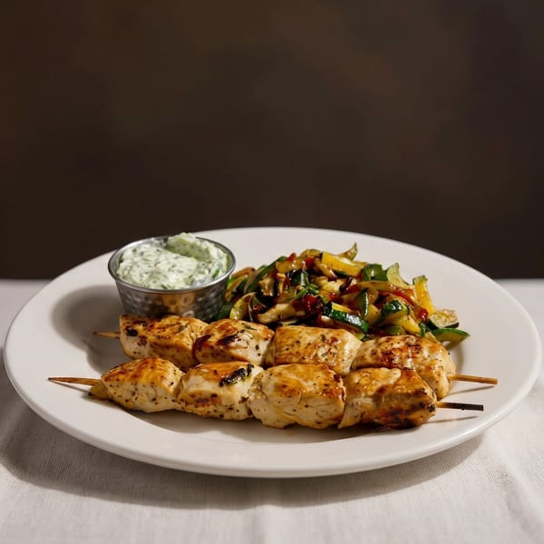 Grilled chicken skewers with a side of sautéed zucchini and a small cup of green dipping sauce.