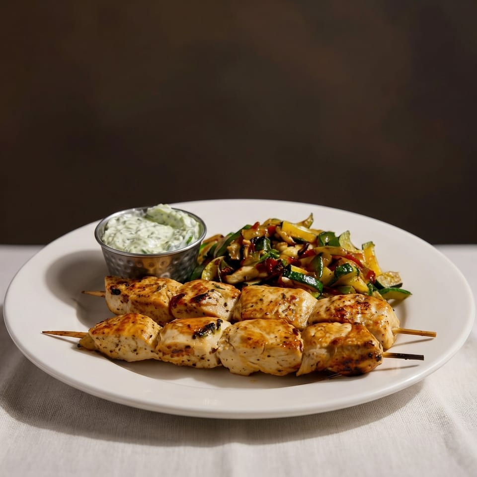 Grilled chicken skewers with a side of sautéed zucchini and a small cup of green dipping sauce.