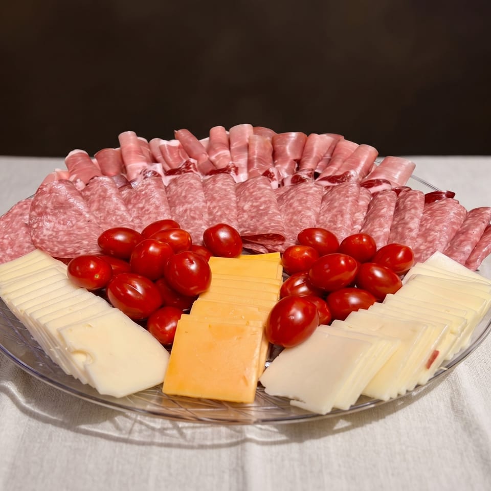 A platter with rolled deli meats, sliced cheeses, and cherry tomatoes on a white tablecloth.