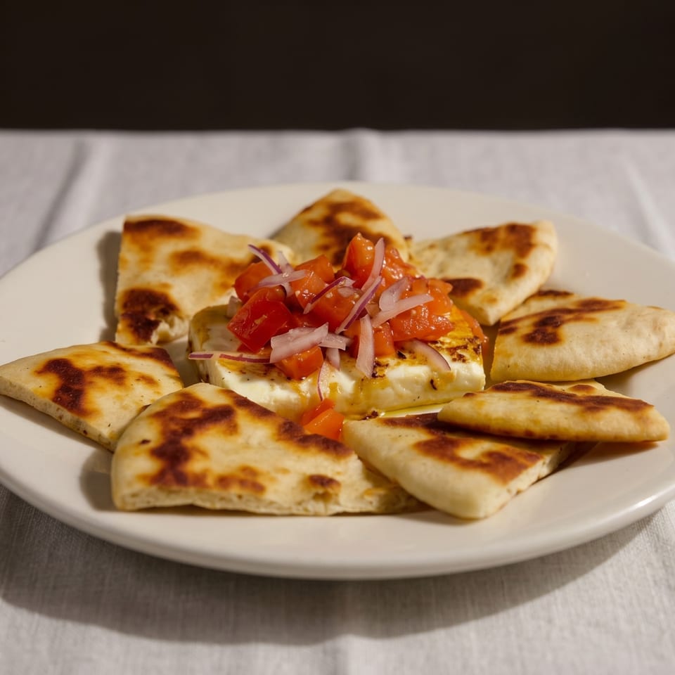 Grilled halloumi cheese topped with diced tomatoes and red onions, surrounded by pita bread.