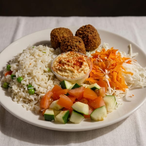 A plate of falafel, rice with peas, hummus, and a side salad with shredded carrots and cabbage.
