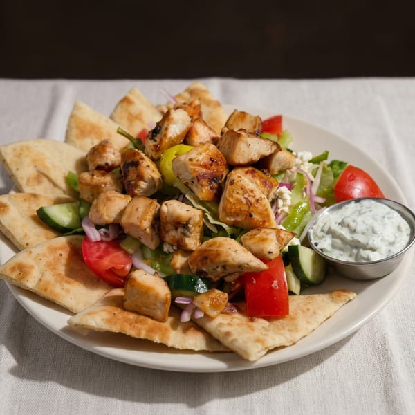 Grilled chicken skewers with salad, pita bread, and a side of tzatziki sauce on a white plate.