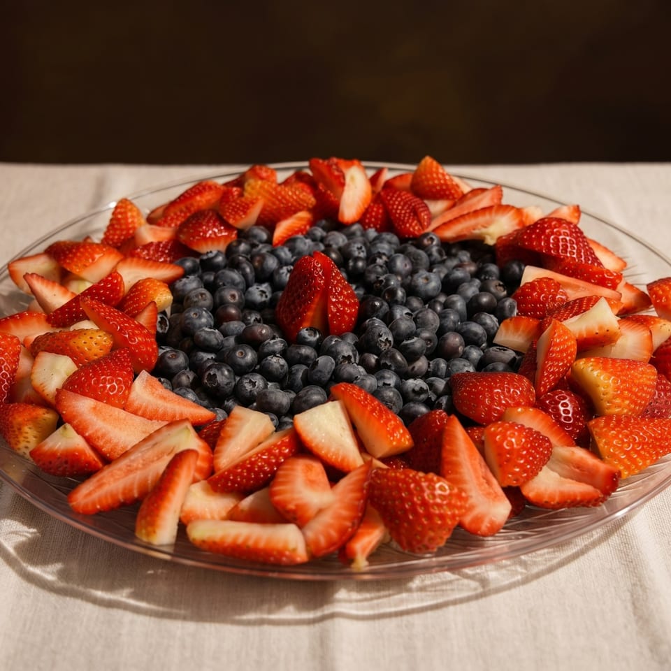 A clear glass plate filled with fresh blueberries in the center, surrounded by sliced strawberries.