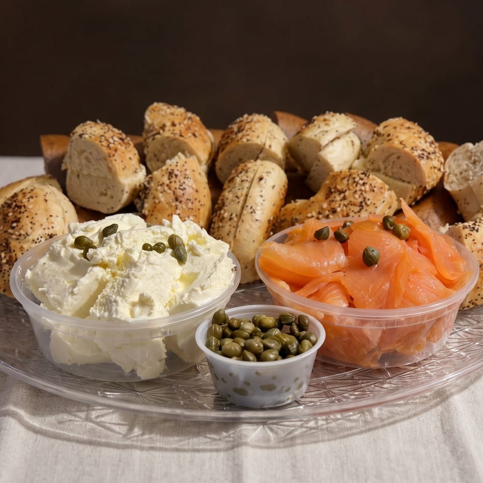 Bagels, cream cheese, smoked salmon, and capers arranged on a clear platter.