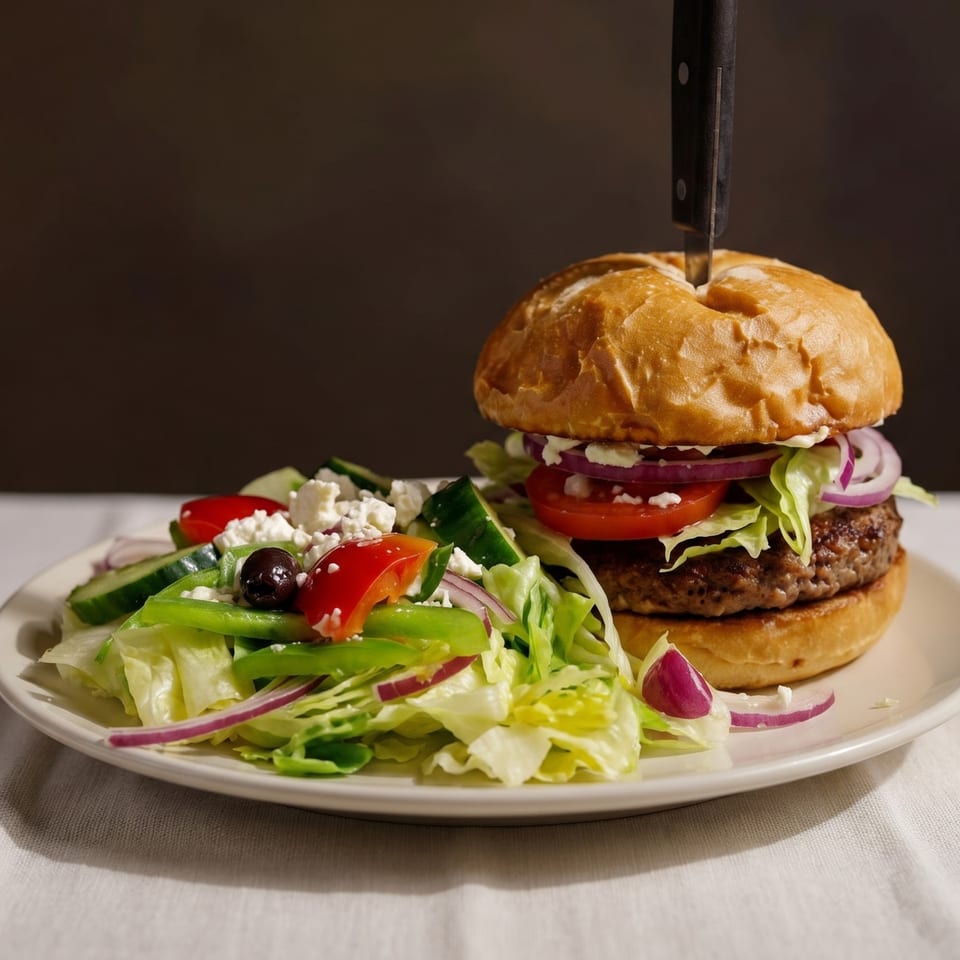 A gourmet burger with a knife in the bun, served alongside a fresh Greek salad.