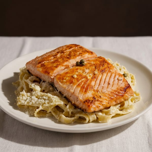 Grilled salmon fillet with capers on a bed of creamy fettuccine pasta, garnished with Parmesan cheese.
