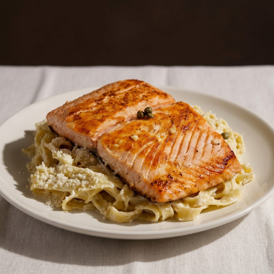 Grilled salmon fillet with capers on a bed of creamy fettuccine pasta, garnished with Parmesan cheese.